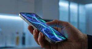 Gros plan sur une main tenant un smartphone high-tech. L'écran affiche des ondes lumineuses violettes et vertes, représentant l'IA agentive.