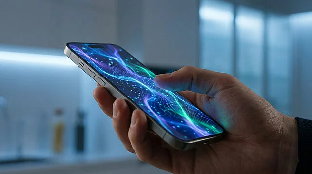 Le choc de l'IA agentive : un smartphone OpenAI Gros plan sur une main tenant un smartphone high-tech. L'écran affiche des ondes lumineuses violettes et vertes, représentant l'IA agentive.