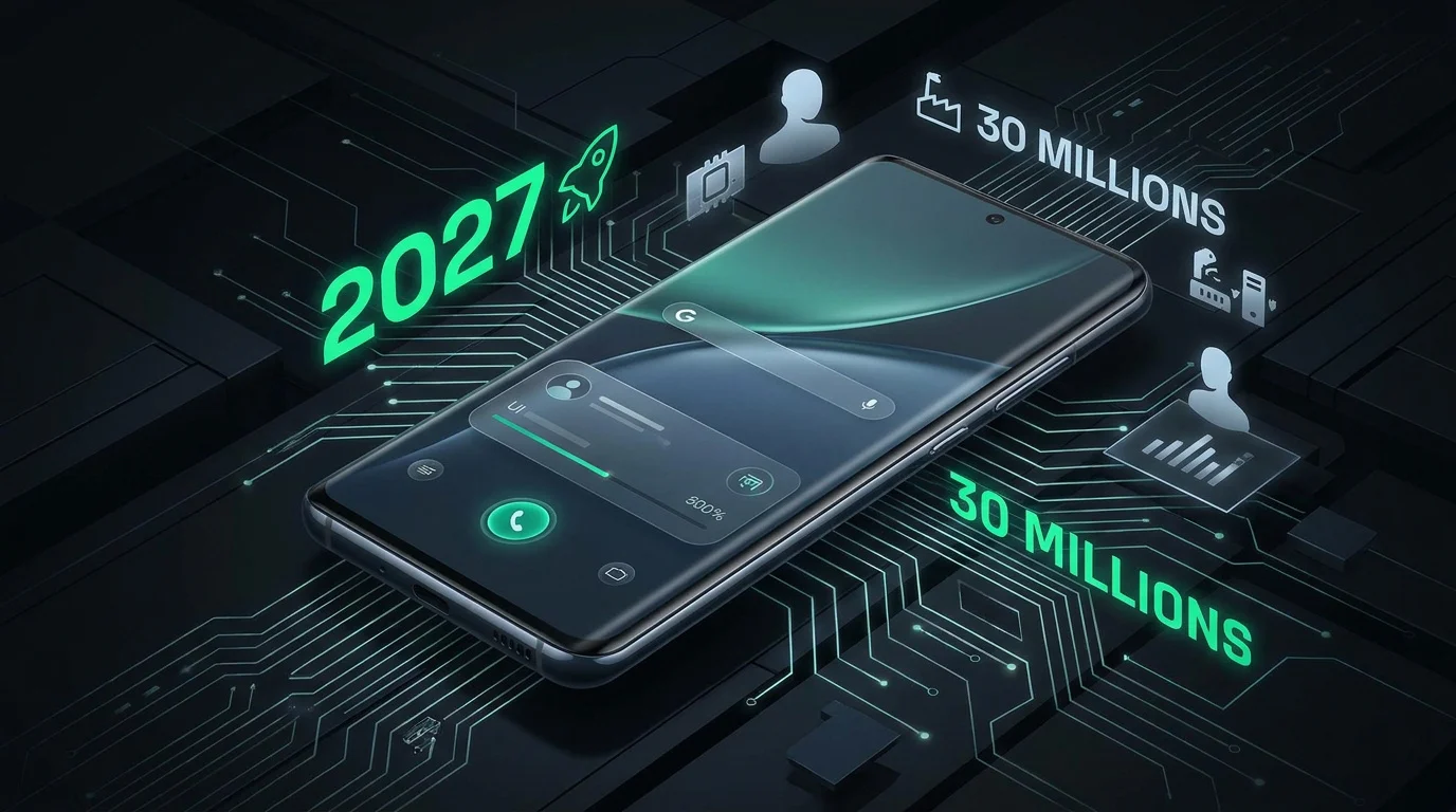 Concept du smartphone OpenAI centré sur l'IA agentique prévu pour 2027