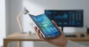 Une main tenant un smartphone pliable Samsung ouvert, affichant une interface utilisateur futuriste et élégante.