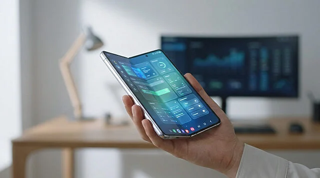 Une main tenant un smartphone pliable Samsung ouvert, affichant une interface utilisateur futuriste et élégante.