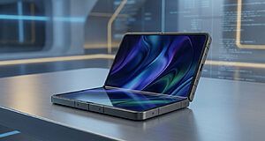 Un smartphone pliable élégant posé sur une table métallique avec un écran aux reflets bleus et violets abstraits.