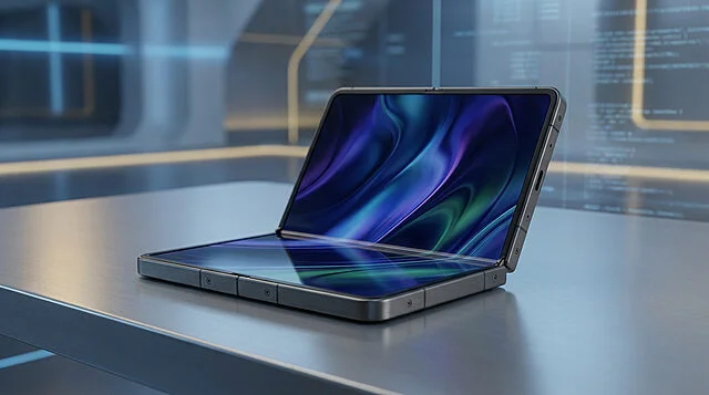 Un smartphone pliable élégant posé sur une table métallique avec un écran aux reflets bleus et violets abstraits.