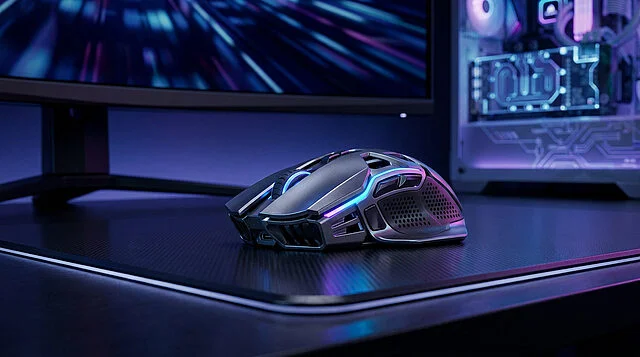 Logitech G Pro X2 Superstrike : Souris Gaming 2026 Souris gaming ergonomique grise avec éclairage LED bleu sur un tapis de bureau noir devant un PC illuminé.