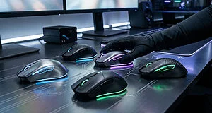 Une main gantée teste une souris gaming rétroéclairée sur un bureau futuriste entouré de plusieurs modèles de souris.