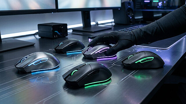 Quelle est la meilleure souris gamer pour 2026 ? Une main gantée teste une souris gaming rétroéclairée sur un bureau futuriste entouré de plusieurs modèles de souris.