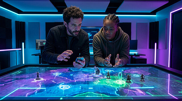 Joueurs immergés dans l'univers de Sunderfolk Deux personnes jouent à un jeu de stratégie sur une table tactile lumineuse dans une salle au néon bleu et violet.
