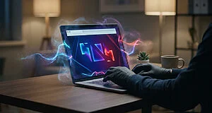 Une personne en gants noirs tape sur un laptop affichant des données lumineuses, symbolisant une fuite de mémoire vive.