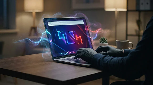 Une personne en gants noirs tape sur un laptop affichant des données lumineuses, symbolisant une fuite de mémoire vive.