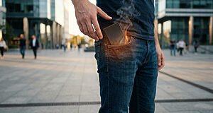 Un smartphone fumant dans la poche d'un jean, illustrant un risque de surchauffe de batterie.