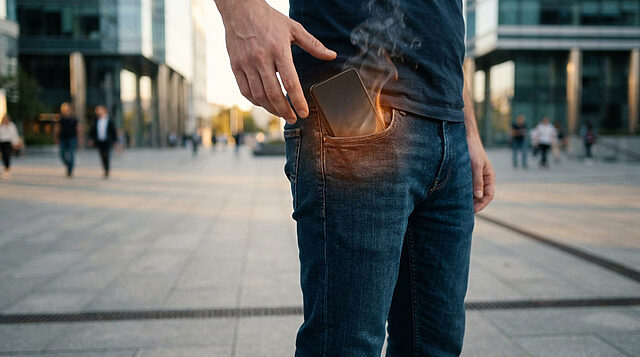 Un smartphone fumant dans la poche d'un jean, illustrant un risque de surchauffe de batterie.