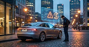 Un homme devant une Tesla FSD argentée, observant des icônes holographiques d'alerte et de remboursement en ville.