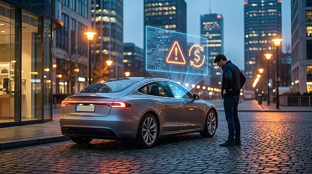 Tesla FSD: Alerte matériel et remboursement Un homme devant une Tesla FSD argentée, observant des icônes holographiques d'alerte et de remboursement en ville.