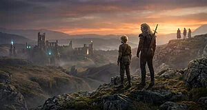 Geralt de Riv et un enfant contemplant un château en ruines au coucher du soleil dans l'univers de The Witcher.