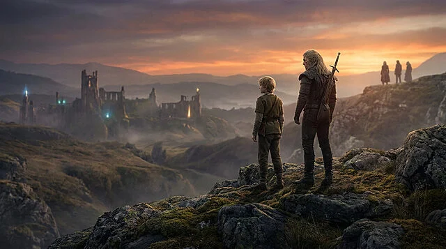 Witcher 3 : Songs of the Past en 2027 Geralt de Riv et un enfant contemplant un château en ruines au coucher du soleil dans l'univers de The Witcher.