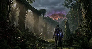 Un aventurier capé contemple des ruines antiques dans une jungle mystérieuse sous un ciel orageux violet dans Diablo 4.