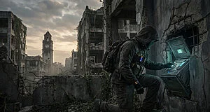 Un survivant en tenue tactique utilise un terminal électronique incrusté dans un mur en ruine d'une ville post-apocalyptique.