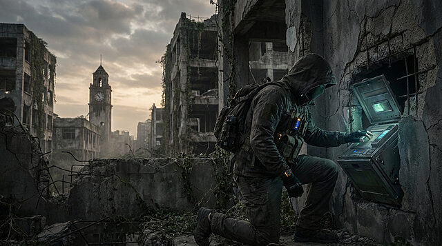 Resident Evil Requiem : aperçu du gameplay Un survivant en tenue tactique utilise un terminal électronique incrusté dans un mur en ruine d'une ville post-apocalyptique.