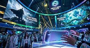 Foule portant des casques VR observant une console de jeu futuriste lors du salon Next Gen Gaming sous des écrans géants.