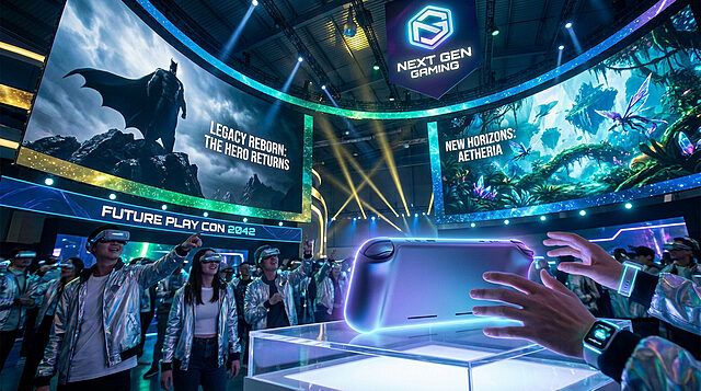 Immersion totale au salon Future Play Con 2042 Foule portant des casques VR observant une console de jeu futuriste lors du salon Next Gen Gaming sous des écrans géants.