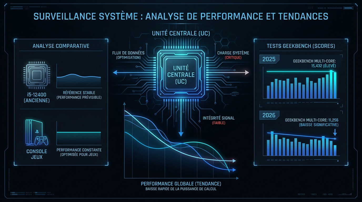 Graphique d'analyse de performance système et tendances de benchmarks