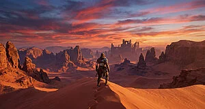 Un guerrier solitaire contemple des ruines antiques dans un vaste désert sous un coucher de soleil dramatique.