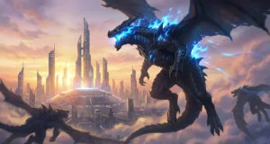 Dragons ailés crachant des flammes bleues survolant une ville futuriste au coucher du soleil.