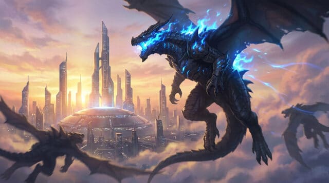 Dragons ailés crachant des flammes bleues survolant une ville futuriste au coucher du soleil.