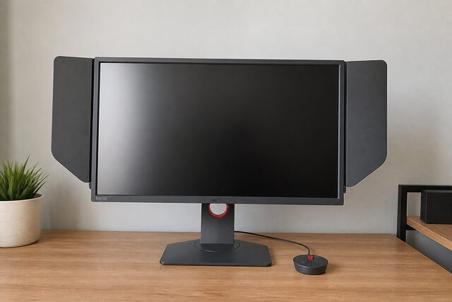 Moniteur gaming BenQ Zowie avec pare-soleil latéraux posé sur un bureau en bois.