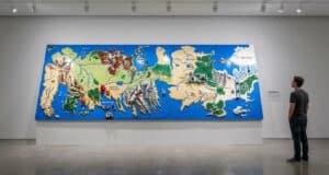 Un visiteur admire une immense carte murale de Westeros construite en briques LEGO dans une galerie d'art moderne.