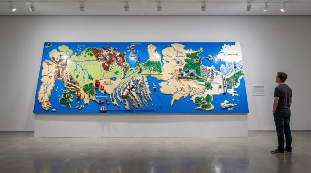 Un visiteur admire une immense carte murale de Westeros construite en briques LEGO dans une galerie d'art moderne.