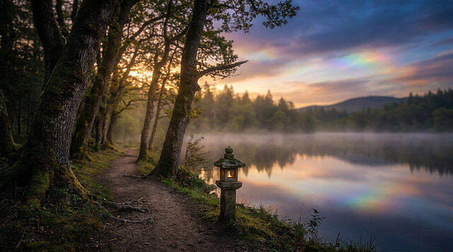 Sentier forestier au bord d'un lac calme avec une lanterne japonaise sous un ciel crépusculaire aux reflets irisés.