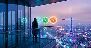 Un homme observe un Paris futuriste et trois orbes d'énergie flottants depuis un balcon vitré.