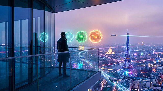 Pokémon Legends Z-A : Choisir son starter idéal Un homme observe un Paris futuriste et trois orbes d'énergie flottants depuis un balcon vitré.