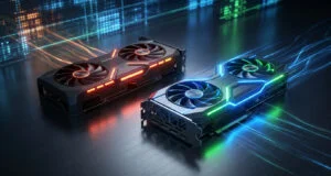 Deux cartes graphiques haute performance, l'une éclairée en rouge et l'autre en vert sur une surface technologique sombre.
