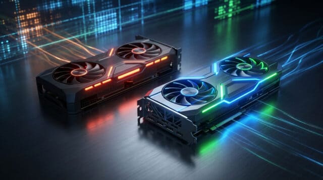 Deux cartes graphiques haute performance, l'une éclairée en rouge et l'autre en vert sur une surface technologique sombre.