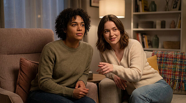 Tell Me Why : Deux amies discutent dans un salon cosy Deux jeunes femmes assises dans un salon chaleureux, engagées dans une conversation amicale.