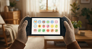 Mains gantées tenant une Nintendo Switch affichant des icônes colorées sur le thème d'Animal Crossing.