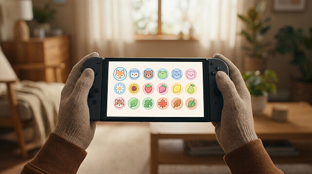 Icônes Animal Crossing pour Nintendo Switch Online Mains gantées tenant une Nintendo Switch affichant des icônes colorées sur le thème d'Animal Crossing.
