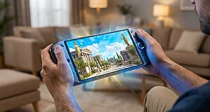 Un joueur tient une console portable affichant un décor antique ensoleillé avec des effets lumineux bleus et dorés.