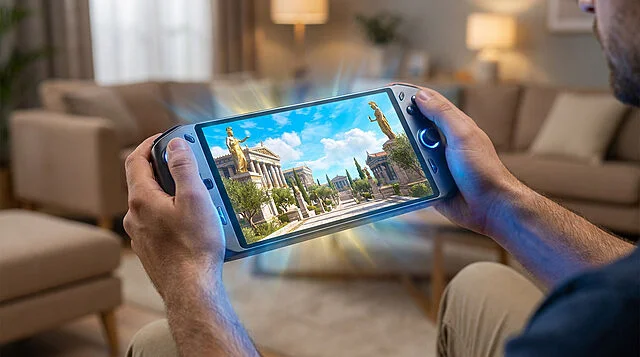 Jouez à Kingdom Hearts sur console portable Un joueur tient une console portable affichant un décor antique ensoleillé avec des effets lumineux bleus et dorés.
