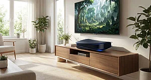 Une console de jeu noire lumineuse posée sur un meuble TV en bois dans un salon lumineux avec un paysage sur l'écran.