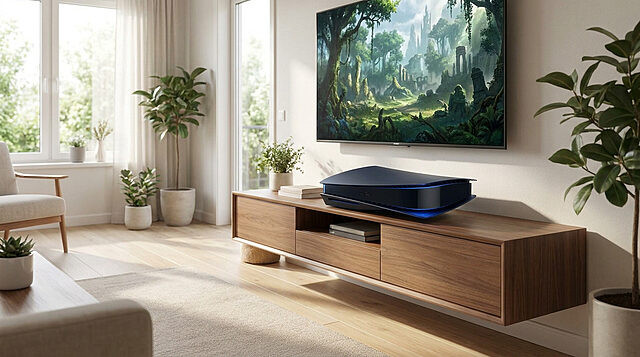 Une console de jeu noire lumineuse posée sur un meuble TV en bois dans un salon lumineux avec un paysage sur l'écran.