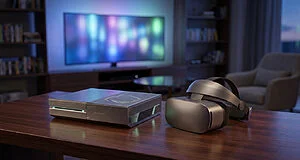 Console de jeu moderne et casque VR argentés posés sur une table en bois dans un salon contemporain.