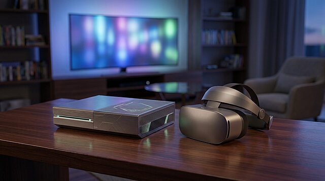 Console de jeu moderne et casque VR argentés posés sur une table en bois dans un salon contemporain.
