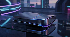 Console de jeu au design métallique élégant avec des reflets lumineux bleus et violets sur une table en verre.
