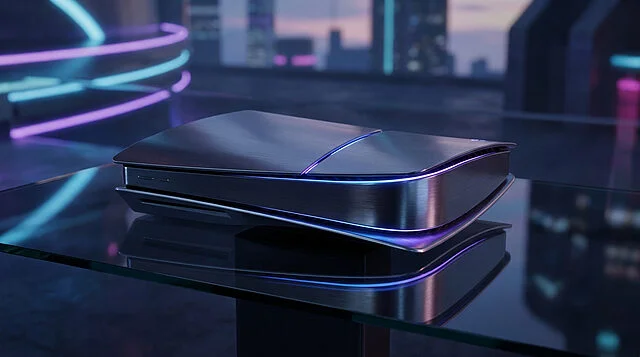 Concept futuriste de la PlayStation 6 Console de jeu au design métallique élégant avec des reflets lumineux bleus et violets sur une table en verre.