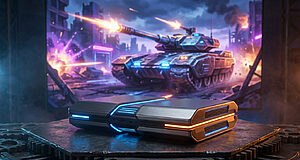 Une console de jeu futuriste devant un écran affichant un tank de Metal Slug en pleine action dans un champ de bataille.