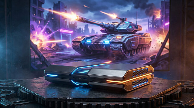 Une console de jeu futuriste devant un écran affichant un tank de Metal Slug en pleine action dans un champ de bataille.