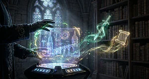 Mains magiques manipulant un hologramme architectural devant des bibliothèques dans Hogwarts Legacy.